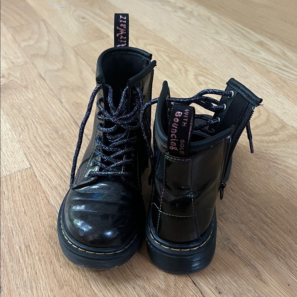 Dr. Martens Black Patent Leather Boots with shiny blue/ purple Laces
